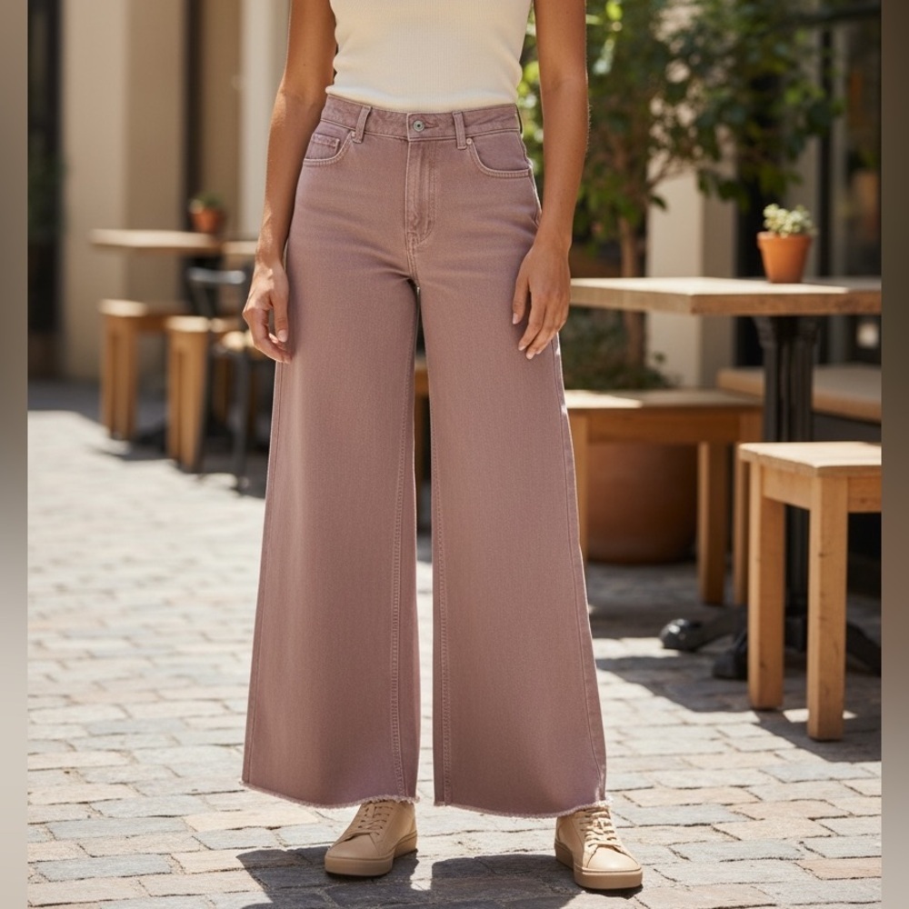 Zara Dusty Rose High Rise Flare Leg Raw Hem Stretch Denim Jeans Size 0